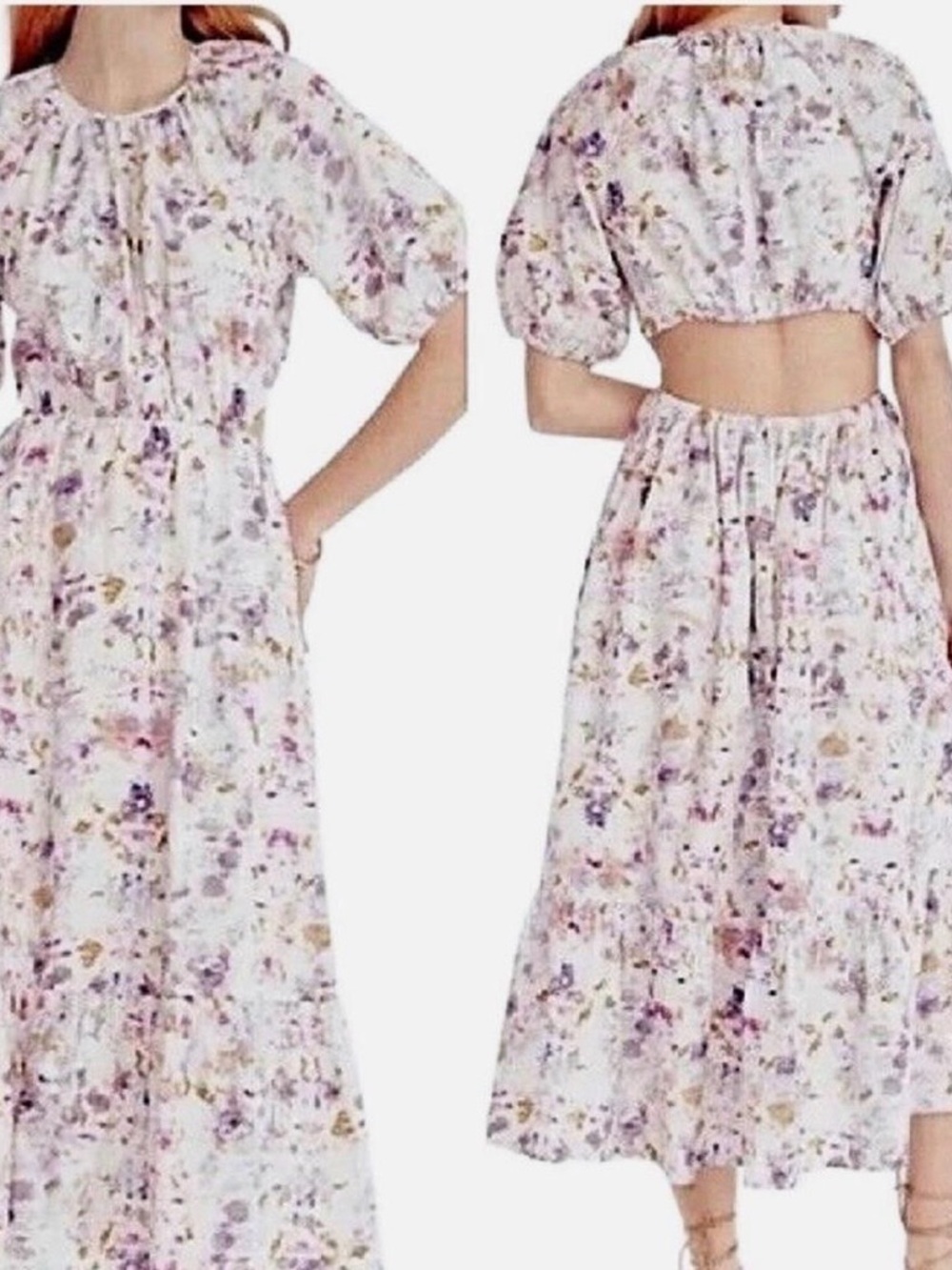 J. Crew White Floral Puff-Sleeve Maxi Dress with Lavender Accents